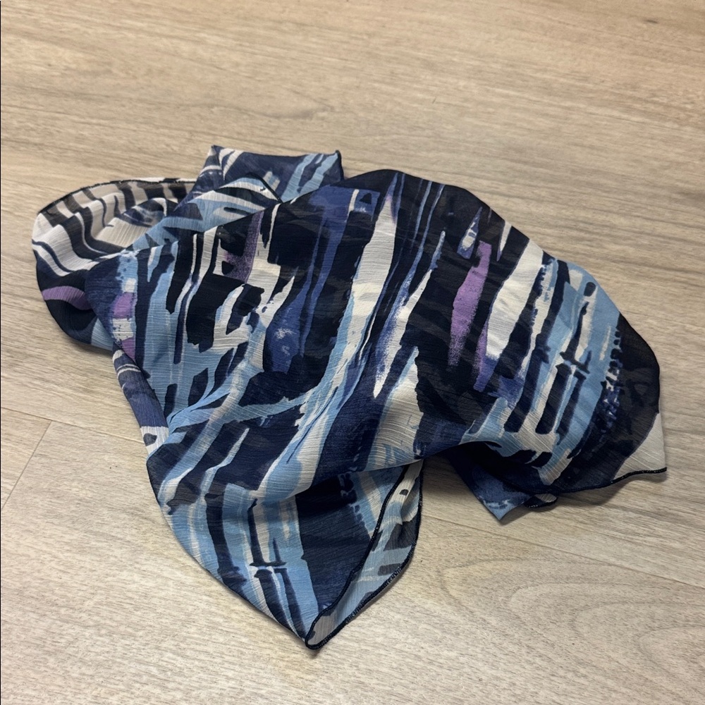 Navy & Light Blue Abstract Stripe Silk Scarf with Lavender Accents